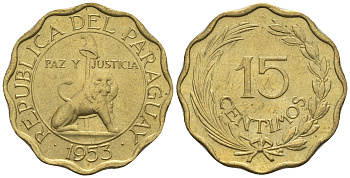 Парагвай 15 сентимо 1953 лев, фригийский колпак на шесте KM 26 алюминиевая бронза  aUNC  4177-945
