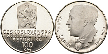 Чехословакия 100 крон 1990 100 лет со дня рождения Карла Чапека (1890-1938) KM 137 серебро PROOF 00-000-00