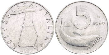 ИТАЛИЯ 5 ЛИР 1969 R, ДЕЛЬФИН, РУЛЬ KM 92 алюминий 4551-122