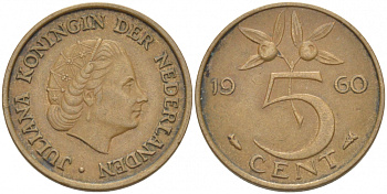 НИДЕРЛАНДЫ 5 ЦЕНТОВ 1960 ЮЛИАНА KM 181 бронза 214-814