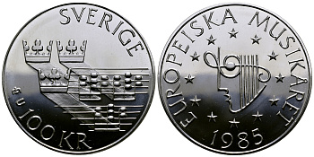 Швеция 100 крон 1985 Карл XVI Густав (1973- ), европейский год музыки KM 865 серебро UNC 1521-513