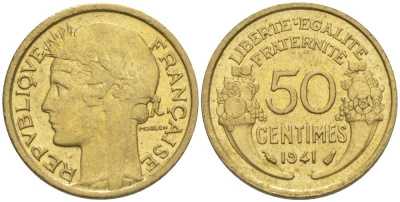 ФРАНЦИЯ 50 САНТИМОВ 1941 ТИП MORLON KM 894.1, LE FRANC 192.18 алюминиевая бронза 44-416