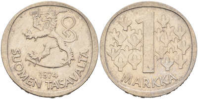 ФИНЛЯНДИЯ 1 МАРКА 1974 S KM 49a медно-никель 4566-437