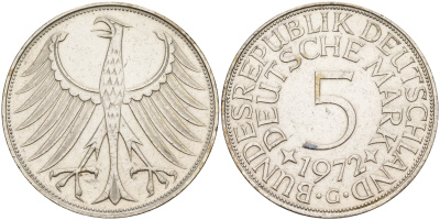 ФРГ 5 марок 1972 G KM 112.1,  J. 387 серебро    4149-515