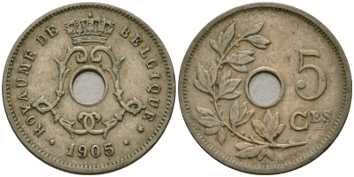 Бельгия 5 сантимов 1905 Belgique KM 54 медно-никель 4136-464
