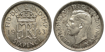 Великобритания 6 пенсов 1943 Георг VI (1936-1952) KM 852, Spink 4084 серебро 186-1012