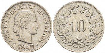 ШВЕЙЦАРИЯ 10 РАППЕНОВ 1947 KM 27 медно-никель 51-137