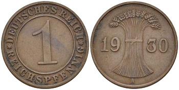 ГЕРМАНИЯ 1 РЕЙХСПФЕННИГ 1930 A KM 37, J. 313, Weege 2 бронза 211-118