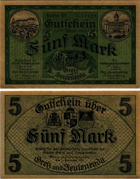 ГРАЙЦ И ЦОЙЛЕНРОДА 5 МАРОК 1918 НОТГЕЛЬД, 1 НОЯБРЯ 1918, СЕРИЯ IV бумага аUNC 6352-49-2-2