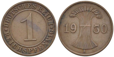 ГЕРМАНИЯ 1 РЕЙХСПФЕННИГ 1930 A KM 37, J. 313, Weege 2 бронза 211-118