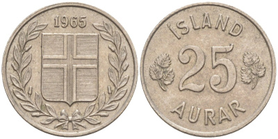 Исландия 25 эйре 1965 KM 11 медно-никель 187-367