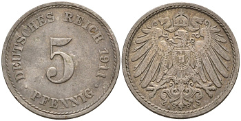 Германия 5 пфеннигов 1911 A KM 11, J. 12, Weege 6 медно-никель 4151-524