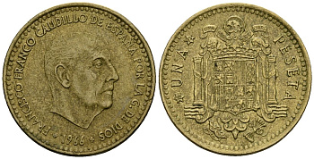 Испания 1 песета 1966 (73) Франсиско Франко (1939-1975) KM 796 алюминиевая бронза 4138-1027