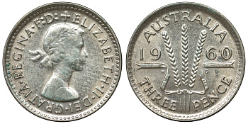 Австралия 3 пенса 1960 m, Елизавета II (1952-2022) KM 57 серебро 71-641