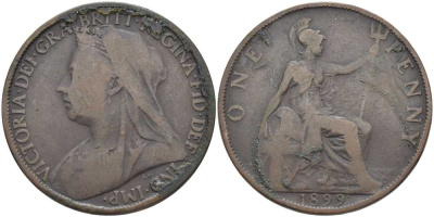 Великобритания 1 пенни 1899 Виктория (1837-1901) KM 790, Spink 3961 бронза 3460-714