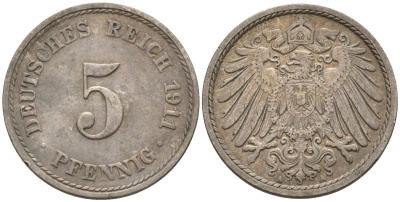 Германия 5 пфеннигов 1911 A KM 11, J. 12, Weege 6 медно-никель 4151-524