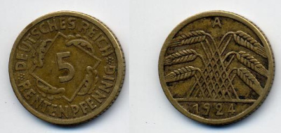 ГЕРМАНИЯ 5 РЕНТЕНПФЕННИГОВ 1924 A, KM 32, J. 308 алюминиевая бронза 35-1253