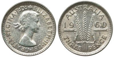 Австралия 3 пенса 1960 m, Елизавета II (1952-2022) KM 57 серебро 71-641