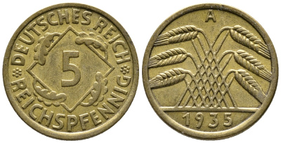 ГЕРМАНИЯ 5 РЕЙХСПФЕННИГОВ 1935 A KM 39, J. 316 алюминиевая бронза 39-568
