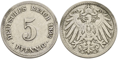 ГЕРМАНИЯ 5 ПФЕННИГОВ 1892 A KM 11, Jager 12, Weege 6 медно-никель 4547-327