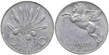 ИТАЛИЯ 10 ЛИР 1950 R, ПЕГАС KM 90 алюминий 32-943