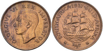 ЮАР 1/2 пенни 1937 король Георг VI (1937 - 1952) KM 24 бронза 4143-631