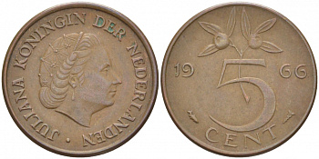 НИДЕРЛАНДЫ 5 ЦЕНТОВ 1966 ЮЛИАНА KM 181 бронза 214-649