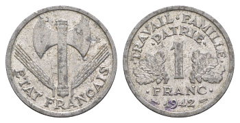 Франция 1 франк 1942 LB, тип LOURDE, правительство Виши KM 902.1, Le Franc 223.2 алюминий 4631-522