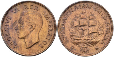 ЮАР 1/2 пенни 1937 король Георг VI (1937 - 1952) KM 24 бронза 4143-631