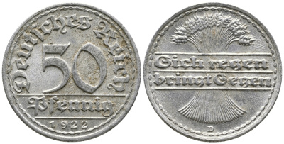 ГЕРМАНИЯ 50 ПФЕННИГОВ 1922 D KM 27, J. 301 алюминий 24-1052
