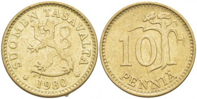 ФИНЛЯНДИЯ 10 ПЕННИ 1980 K KM 46 алюминиевая бронза 3718-136