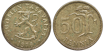 Финляндия 50 пенни 1976 K KM 48 алюминиевая бронза 259-625