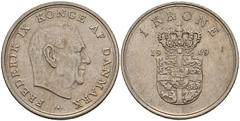 Дания 1 крона 1969 C;S, Фредерик IX (1947-1972) KM 851 медно-никель 4187-1157
