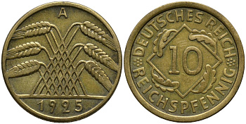 Германия 10 рейхспфеннигов 1925 A KM 40 алюминиевая бронза 4171-335