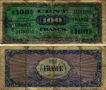 Франция 100 франков 1944 военный выпуск Pick 123 с бумага 8606-43-1-1