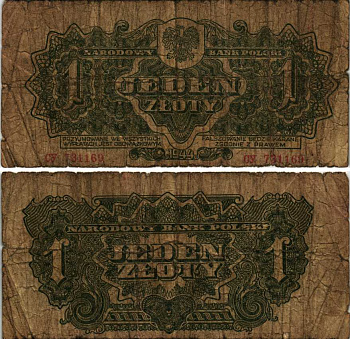 ПОЛЬША 1 ЗЛОТЫЙ 1944 ПЕРВЫЙ НАЦИОНАЛЬНЫЙ ВЫПУСК ПОСЛЕ ВТОРОЙ МИРОВОЙ ВОЙНЫ Pick 105а бумага VG 7183-36-2-1