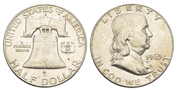 США 1/2 доллара (50 центов) 1963 Бенджамин Франклин, колокол KM 199 серебро  aUNC  4574-522