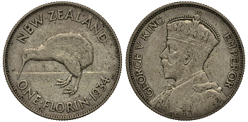 Новая Зеландия 1 флорин 1934 Георг V (1910-1936), птичка киви KM 4 серебро 272-1232