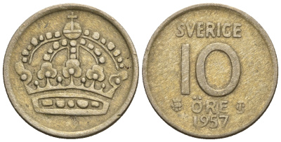 Швеция 10 эре 1957 T;S, Густав VI Адольф (1950-1973) KM 823 серебро 3309-425