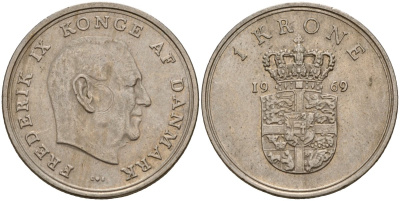 Дания 1 крона 1969 C;S, Фредерик IX (1947-1972) KM 851 медно-никель 4187-1157