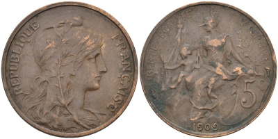 Франция 5 сантимов 1909 тип Danel-Dupus KM 842, Le Franc 119.20 бронза 4584-352