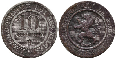 БЕЛЬГИЯ 10 САНТИМОВ 1862 BELGES KM 22 медно-никель 24-1146