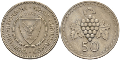 Кипр 50 милсов 1963 виноградная гроздь KM 41 медно-никель 67-941