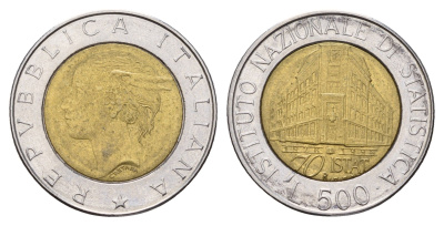 Италия 500 лир 1996 70 лет Национальному институту статистики KM 181 биметалл 202-355