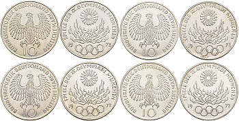 ФРГ набор из 4 монет по 10 марок 1972 XX Олимпийские игры 1972 года в Мюнхене, Олимпийский огонь (F, J, D, G), коробка KM 135, J. 405 серебро UNC 3-4-7-28