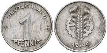 ГДР 1 пфеннииг 1949 A KM 1 алюминий 4596-539