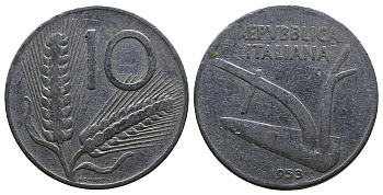 Италия 10 лир 1953 R, плуг, колосья KM 93 алюминий 4384-1112