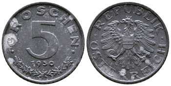 АВСТРИЯ 5 ГРОШЕЙ 1950 ПОСЛЕВОЕННАЯ ДЕСЯТИЧНАЯ ЧЕКАНКА KM 2875 цинк 57-1146
