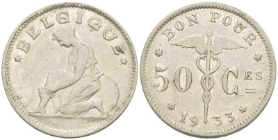БЕЛЬГИЯ 50 САНТИМОВ 1933 BELGIQUE KM 87 никель 211-657
