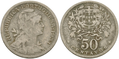 Португалия 50 сентаво 1931 KM 577 медно-никель 4132-135